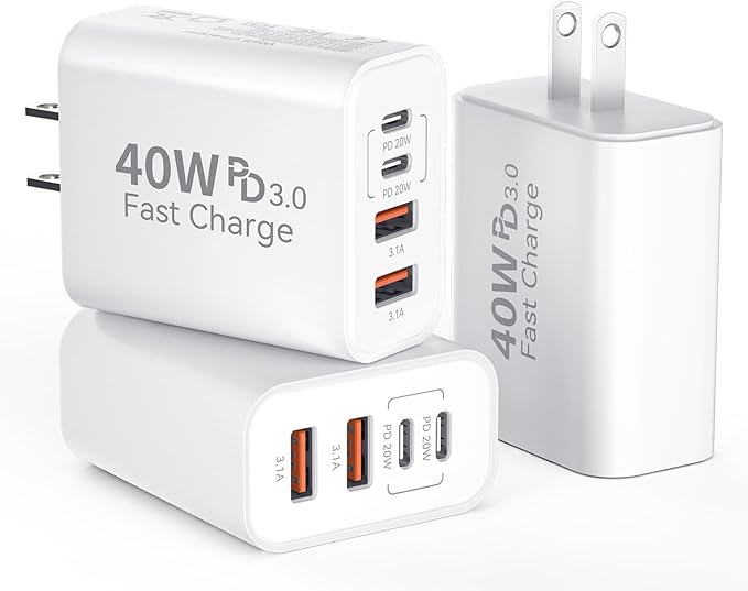 USB C Wall Fast Charger Block, 40W 4-Port Type C Chargers Fast Charging Blocks PD Power Charger Adapter+QC 3.0 USB Multiport Charger Brick for Phone 17/16/15/14/13/12 Pro Max, i-Pad, Galaxy S25-3Pack
