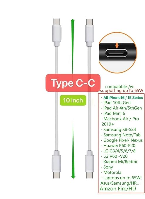 10-Pack Multi Short USB Cables & TypeC-C Cables for Charging Stations Compatible/w iPhone16/15, iPhone5-14/ iPads/iPad mini/iPad Pros/Samsung Moblies & Tablets/Pixel & Nexus/HTC/Sony(White)