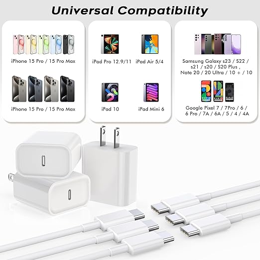 Fast USB C Charger Block,3Pack Long 6FT USBC to USBC Cable iPad Cord 20W iPhone 17 Pro Max Charger Travel Plug Fast Charging for iPhone 17/17 Air/17 Pro/16/16e/16 Pro/16Plus/15/15Pro/Pro Max/Plus,iPad