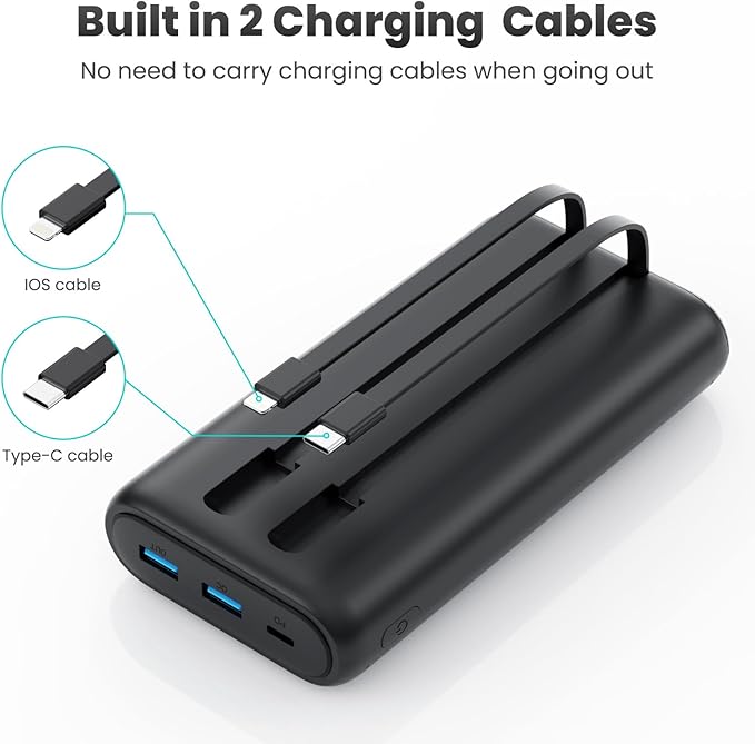 Portable Charger Power Bank 40,800mAh 25W Fast Charging USB C Portable Charger with 2 Built in Cables,5 Outputs & QC 4.0 Quick Phone Charging Battery Pack Compatible with iPhone 16/15/14,Android