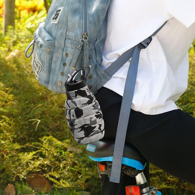 QiCheng&LYS Collapsible Water Bottle – Reuseable BPA Free Silicone Travel Water Bottle Collapsible Very Suitable for Sport Hiking, Camping and Outdoortravel -19.5oz/580ML（Camouflage light grey）