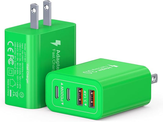 40W USB C Charger Block, 2-Pack 4-Port Type C Fast Charging Brick Dual PD&QC Wall Plug Adapter Power Brick for iPhone 13/14//15/16/17 Pro Max Plus/iPad/Airpods/iwatch/Samsung Galaxy (Green)