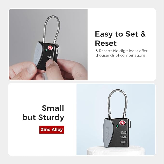 pack all TSA Approved Cable Luggage Locks, 3 Digit Combination Padlocks, Travel Lock for Suitcases & Bag, Alloy Body, Travel Accessories (4 Pack)（Grey）