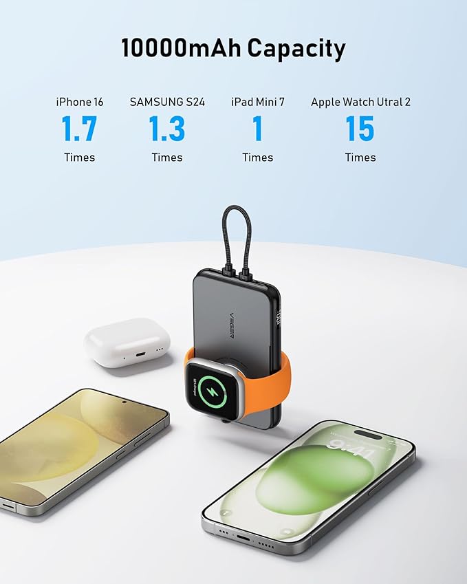 VEGER Portable Charger with Built in Removable Cable for iPhone, 20W Fast Charging Slim Power Bank, 10000mAh USB C Battery Pack Travel Essential Compatible with iPhone, Android, Apple Watch-Yellow