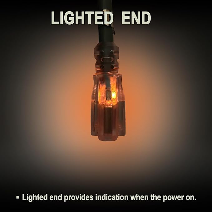 EP 25 Ft Lighted Outdoor Extension Cord - 12/3 SJTW Heavy Duty Grey Extension Cable with 3 Prong Grounded Plug - Power Cord for Lawn, Garden, Appliances