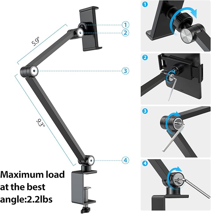 BEWISER iPad Desk Mount, Tablet Holder for Desk or Bed,Rotate 360 Degrees of Flexible, Height and Angle Adjustable, Aluminium Alloy Arm Clamp Mount Compatible with4.7-15.6" Screen (Space Gray)