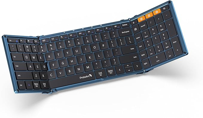 ProtoArc Foldable Bluetooth Keyboard, XK01 Folding Wireless Portable Keyboard with Number Pad, Full-Size Travel Keyboards for Windows iOS Android Tablet Smartphone Laptop PC - Dark Blue