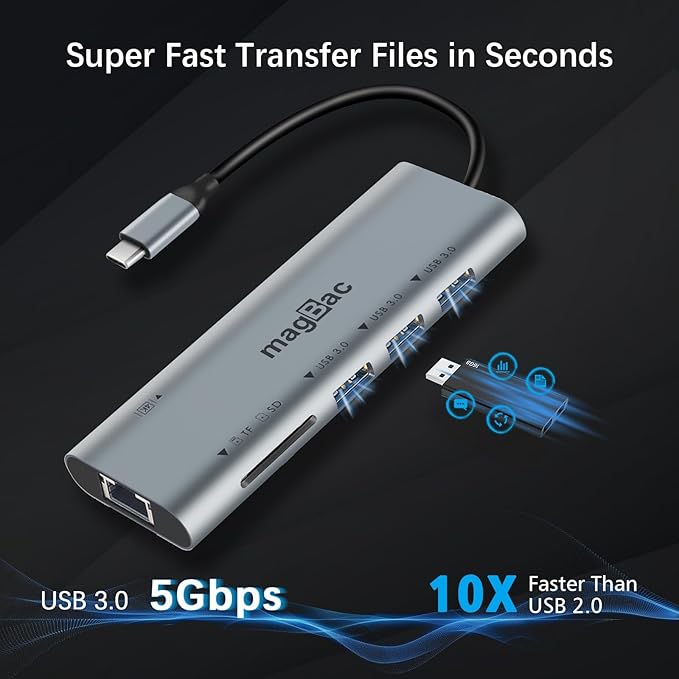 MagBac USB C Docking Station 7 in 1 USB C HUB Multiport Adapter with 3 5Gbps USB A Port, 1 HDMI 4K@30Hz, Gigabit Ethernet, SD/TF Card Slot for Windows and MacOS Laptop with Full-Featured Type C Port