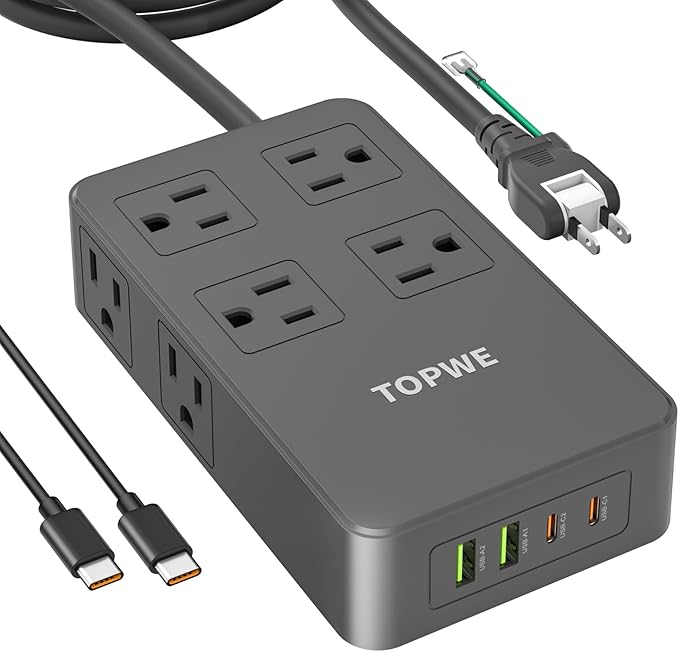 Power Strip Surge Protector with Multiple Outlets, Charging Station(100W Max), Flat Plug Extension Cord 10 Ft Long Cord, 8 Outlets & 4 USB Ports (2 USB C), Desk Charging Station for Home Office