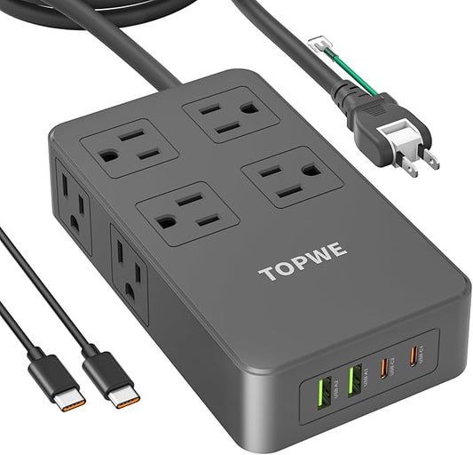 Power Strip Surge Protector with Multiple Outlets, Charging Station(100W Max), Flat Plug Extension Cord 10 Ft Long Cord, 8 Outlets & 4 USB Ports (2 USB C), Desk Charging Station for Home Office