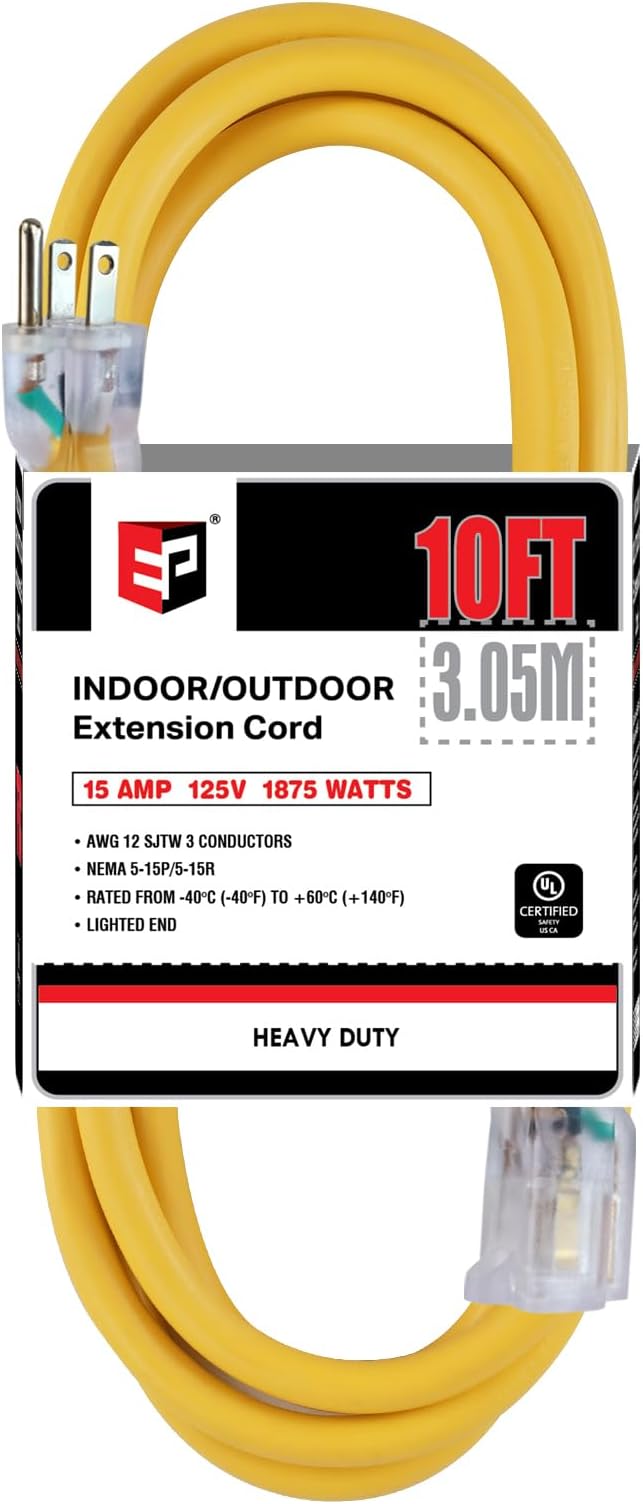 EP 10 ft Lighted Outdoor Extension Cord - 12/3 SJTW Heavy Duty Yellow Extension Cable with 3 Prong Grounded Plug - 15AMP Power Cord for Lawn, Garden, Appliances