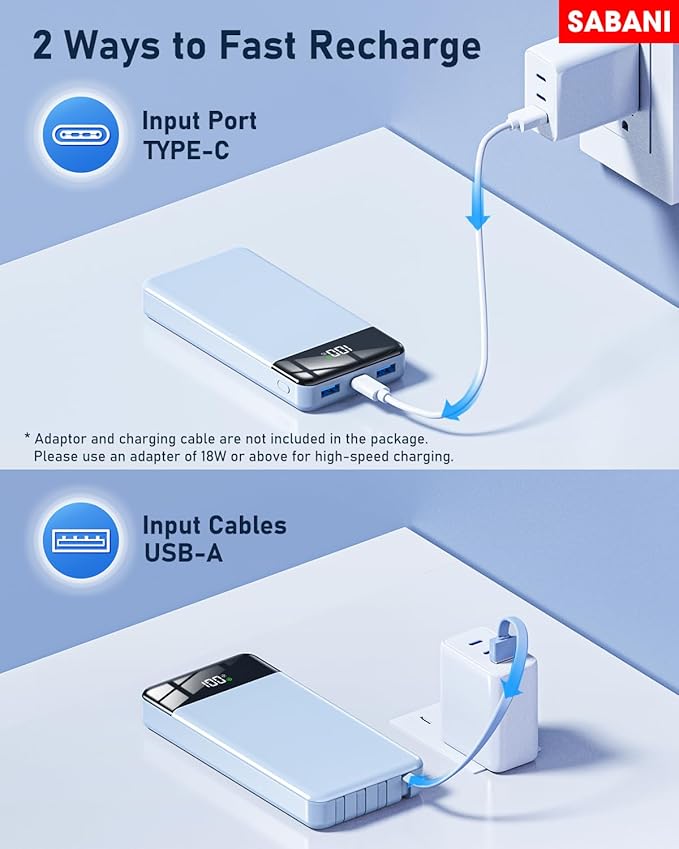 SABANI Portable Charger 35000mAh Power Bank - Portable Battery with 4 Built in Cables, 22.5W Fast Charging Battery Pack Compatible with iPhone 16 15 14 13 Samsung Android Phone etc (1 Pack, Blue)