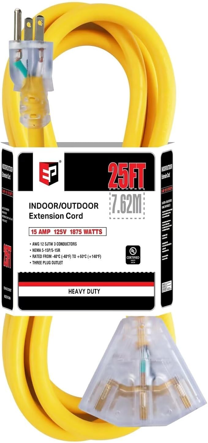 EP 25 Ft 12 Gauge Heavy Duty Extension Cord, 15A 125V 1875W, 3 Outlet Indoor/Outdoor Power Cord with Lighted End, 12/3 SJTW Weatherproof Yellow, UL Listed