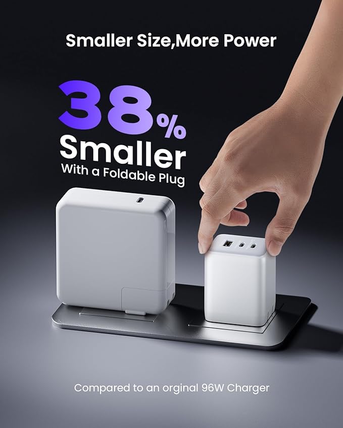 100W USB C Charger Block, 3-Port Compact Foldable Power Adapter USB Wall Charger for MacBook Pro/Air, Dell XPS, iPad Pro, iPhone Series, Galaxy S25/S24, and More