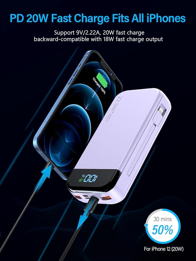 Portable Charger 32000mAh, 22.5W QC 3.0 PD 20W Smart LED Display Fast Charging Built in Cables Power Bank, External Battery Pack Charge 5 Devices Compatible with Cellphones (Purple)