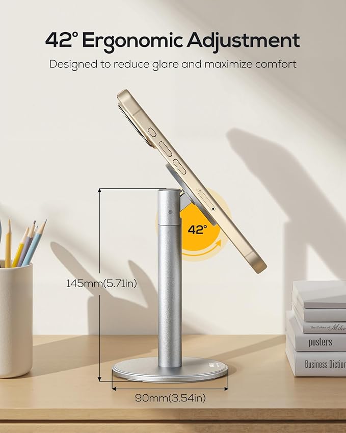 Nulaxy Magnetic Full Aluminum Phone Stand, 360 Rotating Cell Phone Stand for Desk with Metal Ring, Adjustable Phone Holder Compatible with Phone 17 16 15 14 13 Pro Max and MagSafe Case, Silver