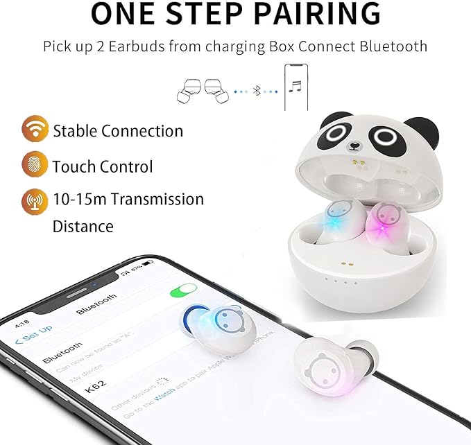 Kids Wireless Earbuds Cute Panda Bluetooth Earbuds with mic Charging Case 36H Playtime 3D Stereo Headphones IPX6 Waterproof Sport in-Ear Headphones for Kids Adult