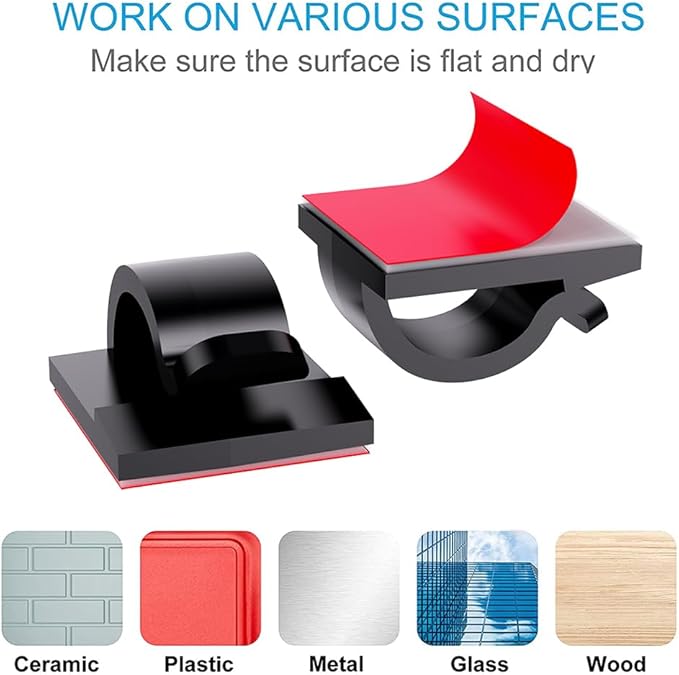 100 PCS Adhesive Cable Clips Cord Organizer (Small, Medium,Large),Wire Holder for Cable Management, Outdoor Light Clips Light Hooks for LED String,Car Dash Cam, Extension Cord (Black)