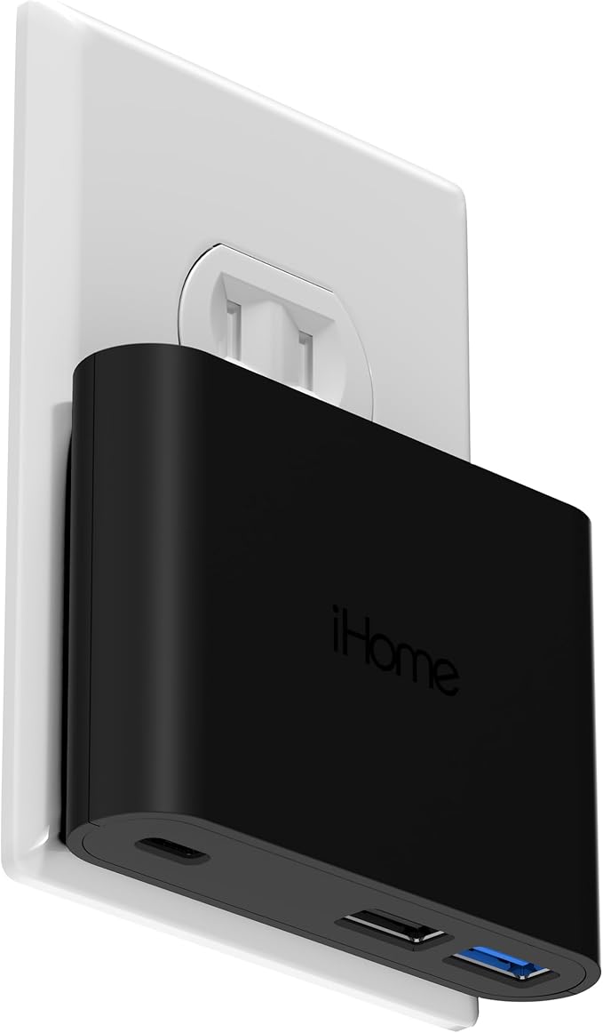 iHome 32W AC Pro Multi Port USB Wall Charger Block - Charging Station for Multiple Devices with 3 Ports (1 USB-C, 2 USB-A) - Fast Charging, Universal Compatibility (Black)