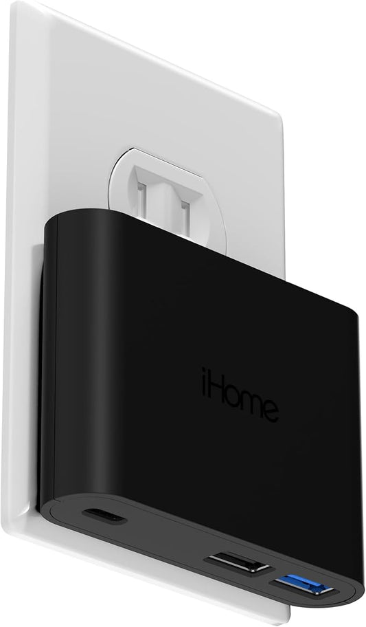 iHome 32W AC Pro Multi Port USB Wall Charger Block - Charging Station for Multiple Devices with 3 Ports (1 USB-C, 2 USB-A) - Fast Charging, Universal Compatibility (Black)