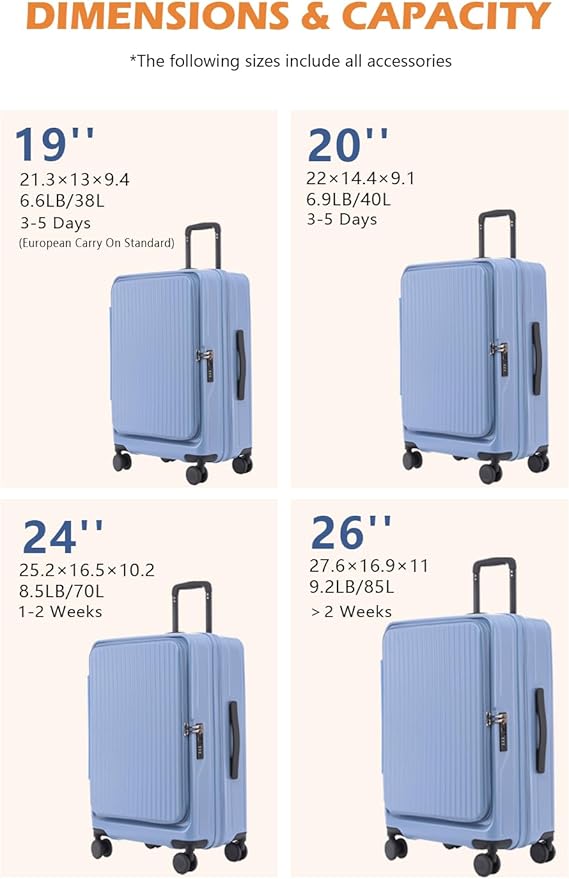 HotWay 26 Inch Expandable Checked Luggage with Cup Holder, Hardside TSA Approved Luggage with Spinner Wheels, Top Opening Suitcase For Travel, White