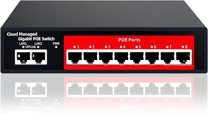 STEAMEMO 10-Port Gigabit Managed PoE Switch, 8 PoE+ Ports@120W, 2 Uplink Ports, VLAN, PoE Scheduler, Fanless, Plug and Play, Sturdy Metal, Desktop and Wall-Mount