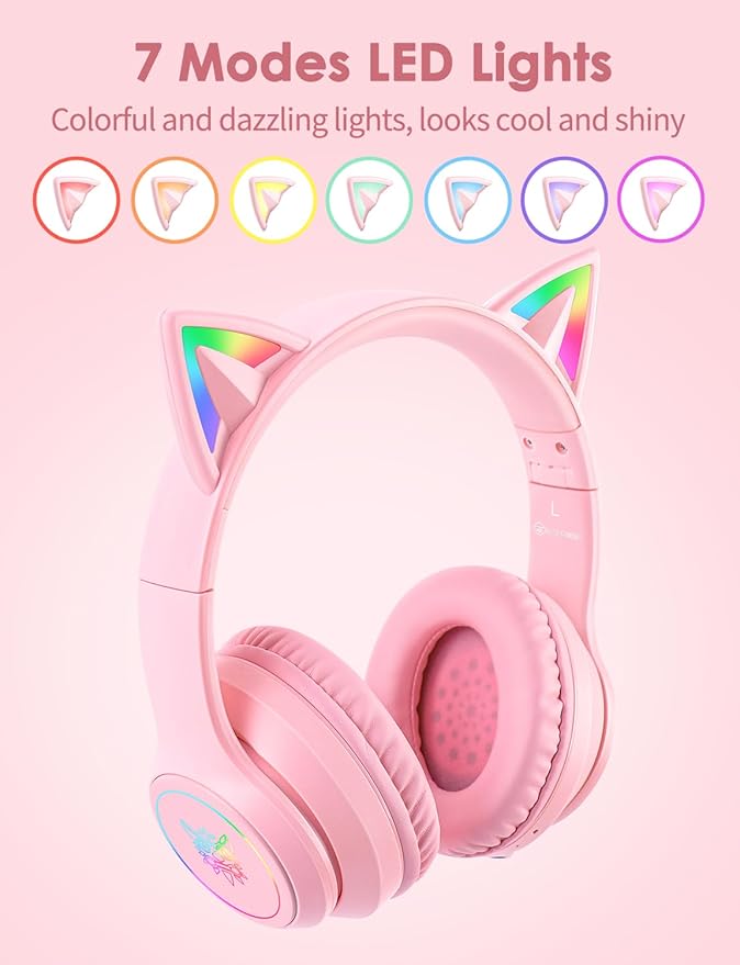 Cat Ear Bluetooth Headphones with Micphone for Kids & Adults, LED Light Up Wireless HI-FI Sound Quality, Over-Ear Headphones with Volume Control for iPhone/iPad/Laptop/PC(55H Play Time)