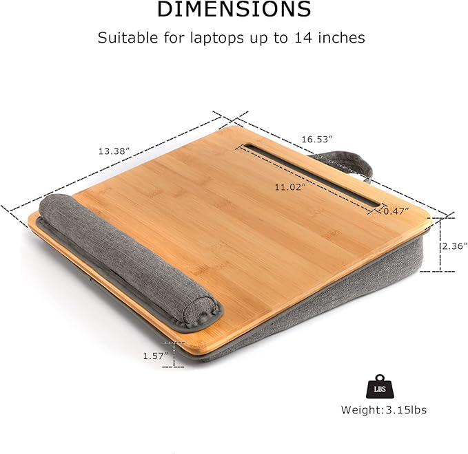SUMISKY Lap Desk-Portable Laptop Stand with Cushion, Bamboo Platform with Phone Holder, Wrist Pad Fits up to 15.6 Inch Laptops
