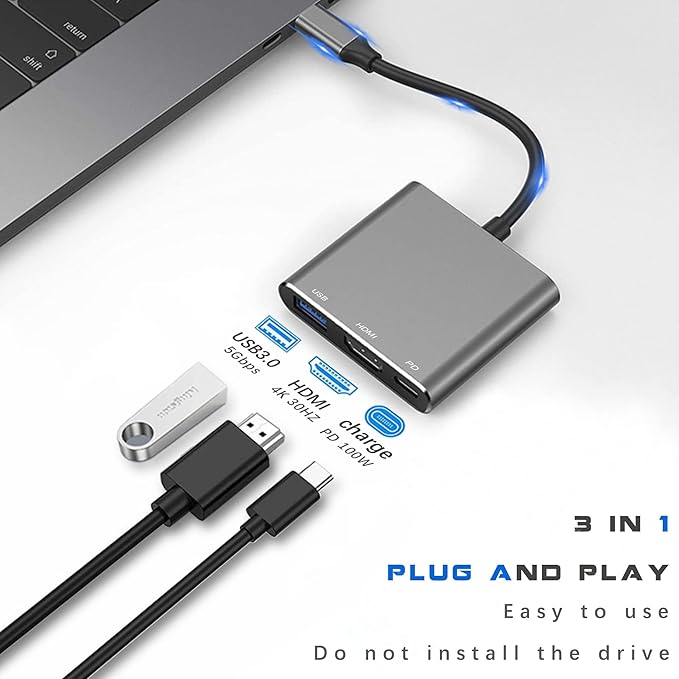 USB C to HDMI Multiport Adapter with Charging Port, USB C Laptop Docking Stations for Monitor Extend Display, USB-C to USB-A Converter 10Gbps, USBC 4K HDMI Hub Dongle for Mac iPad pro MacBook Laptop