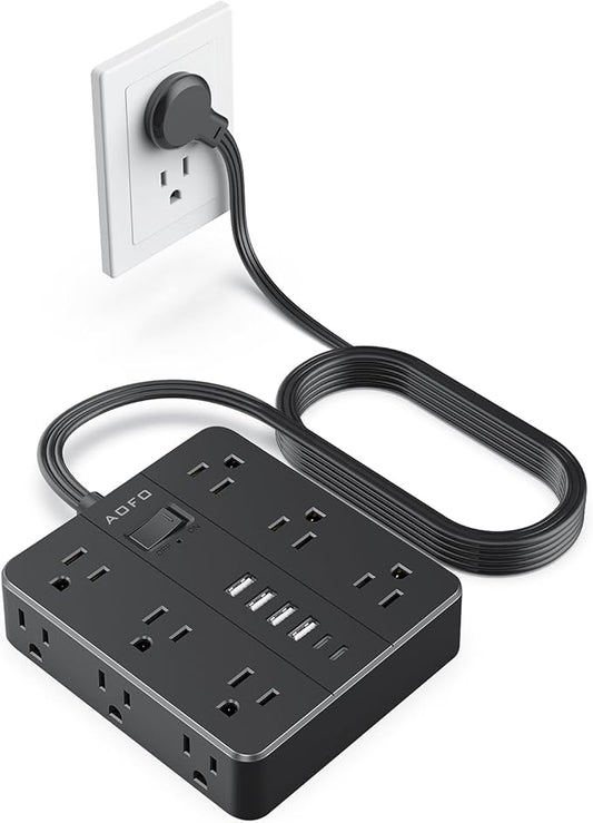 10FT Surge Protector Power Strip,12 AC Outlets with 6 USB Ports (2 USB-C), Flat Plug Extension Cord with Multiple Outlets, Wall Mount for Home Office,Dorm,Black