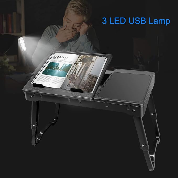 Foldable Laptop Bed Tray Desk Adjustable Lap Table Notebook Desk with Cooling Fan Mouse Board USB Ports LED Light Laptop Stand for Bed Sofa Couch