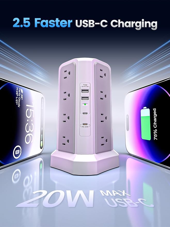 Surge Protector Power Strip with PD20W USB C,13A Thicker Extension Cord with Multiple Outlets 6FT Fararaka Tower Power Strip with USB Ports 2A2C,16AC,Office Supplies Dorm Essentials