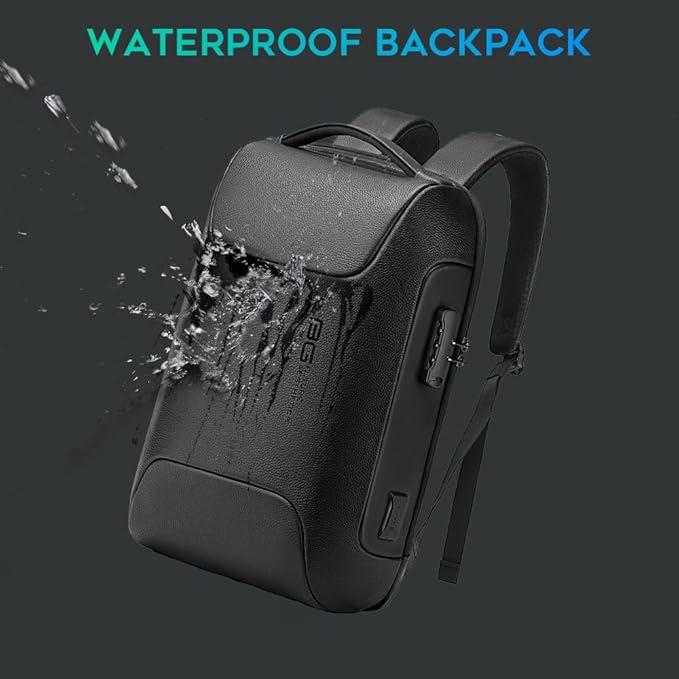 BANGE Black Genuine Leather Laptop Backpack for Men，Anti Theft Business Backpack with USB3.0 Charging Port, Smart Professional Lightweight Travel Backpacks for 15.6 Inch Laptop…