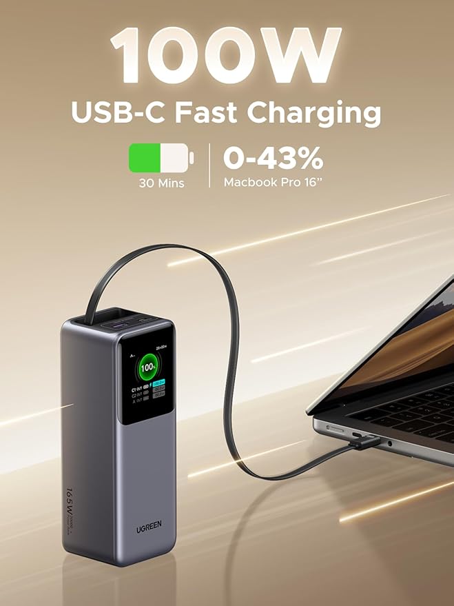 UGREEN Nexode Power Bank 20000mAh 165W with Built-in USB C Cable Laptop Travel Portable Charger, 100W Input, Fast Charging for MacBook Pro/Air/iPhone 17/16/iPad Pro/Galaxy S25 Ultra/Dell/HP and More
