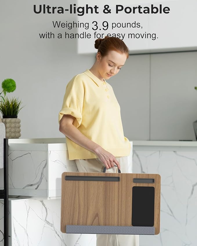 Lap Desk - Up to 17” Laptop Tray with Wrist Rest, Portable Handle, Fixed Mouse Pad, Tablet & Phone Slots, Laptop Stand for Bed with Cushion (Dark Brown Woodgrain)