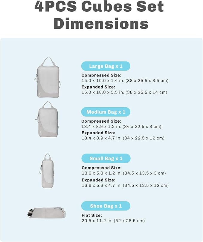 Hynes Eagle 6 Set/ 4 Set/ 2 Set Compression Packing Cubes Travel Essentials Lightweight Nylon Luggage Suitcase Organizer Bag Light Grey 4PCS