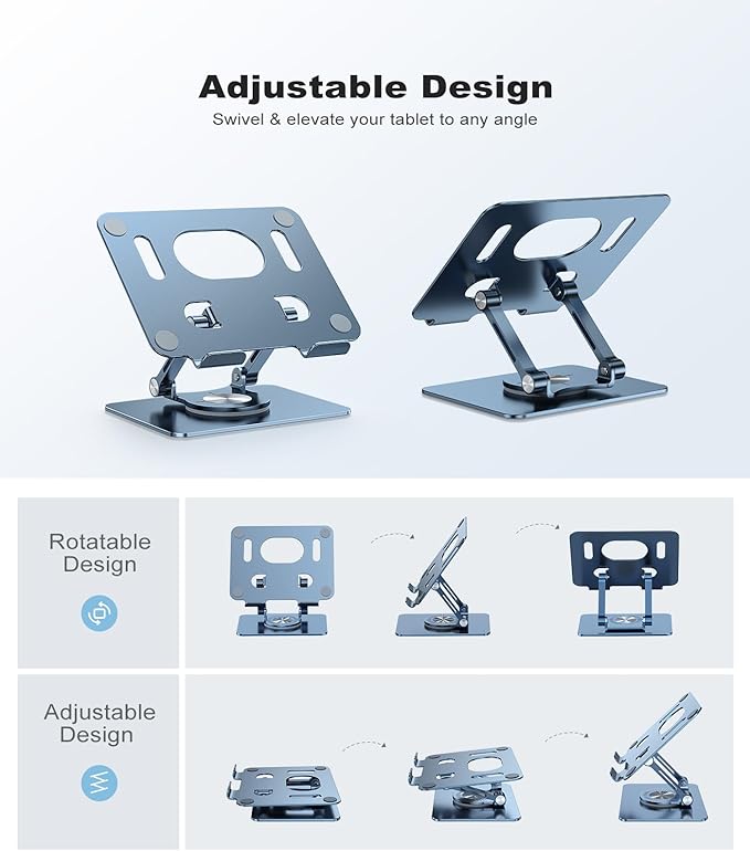 Swivel Tablet Stand with 360 Rotating Base, Adjustable Holder for Drawing, Compatible with iPad Pro/Air/Mini and More (Blue)