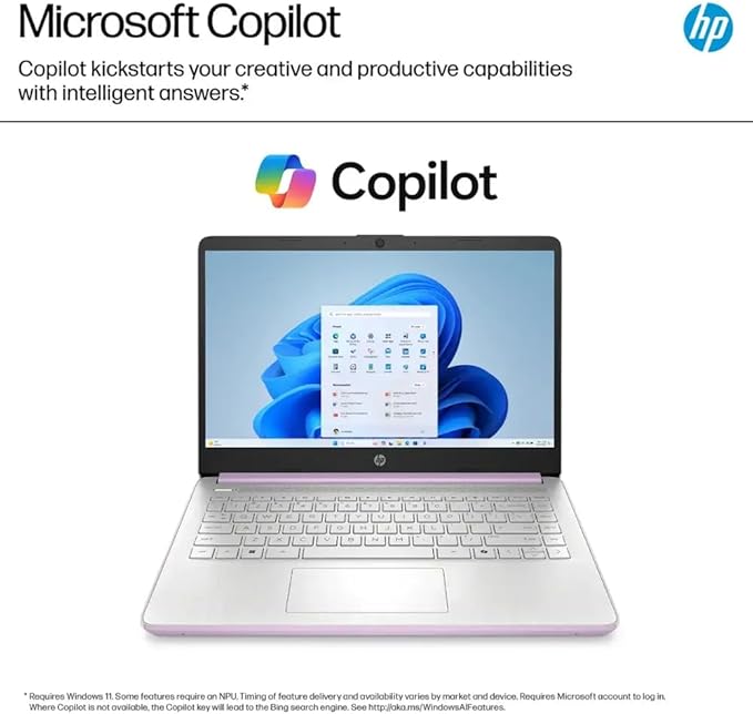 HP 14 Ultrabook • Intel 4-Core N150 • Microsoft 365 • Copilot AI • 4GB RAM • 1.6TB Storage (128GB SSD + 512GB Portable + 1TB OneDrive) • Wi-Fi 6 • 12 Hr Battery • Lavender • w/WOWPC Bundle • Win 11