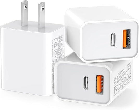 3 Pack USB C Wall Charger, 20W Durable Dual Port QC+PD 3.0 Power Adapter, Double Fast Plug Charging Block for iPhone 14/15/16/17 Pro/Pro Max/Plus, XS/XR/X, Watch Series 8/7 Cube，White