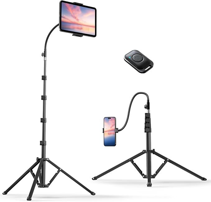 Weilisi Heavy Duty Tablet Tripod Stand 82” Tall, Floor Stand with Remote and Adjustable Gooseneck for Watching/Stream/Recording, Tripod for iPad Pro 12.9”/Kindle/iPhone, and All 4.5-13” Tablet/Phone
