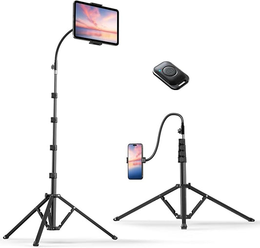 Weilisi Heavy Duty Tablet Tripod Stand 82” Tall, Floor Stand with Remote and Adjustable Gooseneck for Watching/Stream/Recording, Tripod for iPad Pro 12.9”/Kindle/iPhone, and All 4.5-13” Tablet/Phone
