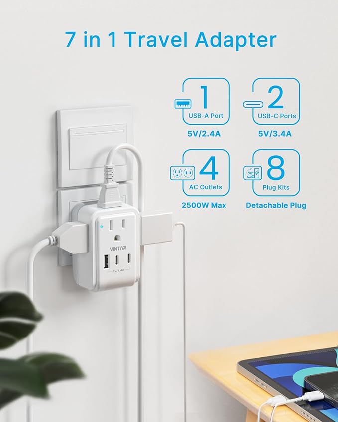 VINTAR Universal Travel Adapter Kit, International Power Adapter with 4 AC and 3 USB Ports(2 USB C), Type A,B,C,D,E/F,G,I,M Detachable Attachments, Travel Adapter Worldwide for India/Africa/Europe/UK