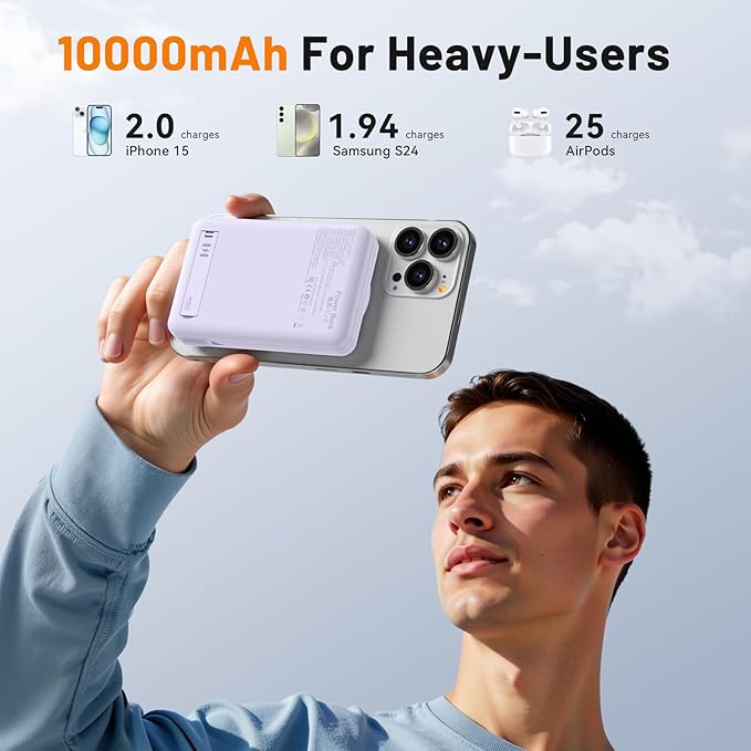 Magsafe Portable Charger 10000mAh Qi2 15W Fast Charging Magnetic Power Bank, Battery Pack with Foldable Stand, PD20W USB C Built in Cable, Mag Safe Only for iPhone 17/16/15/14/13/12 Series