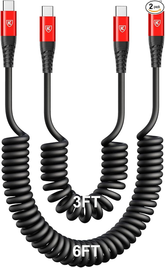 KIYODA Coiled USB C Cable for Car 3FT & 6FT, USB C to USB C Fast Charging Cable USB Type C Cord Compatible with iPhone 17/16/15/Plus/Pro/Pro Max/MacBook Pro 2020/iPad Pro 2020/Samsung Galaxy S23-Red
