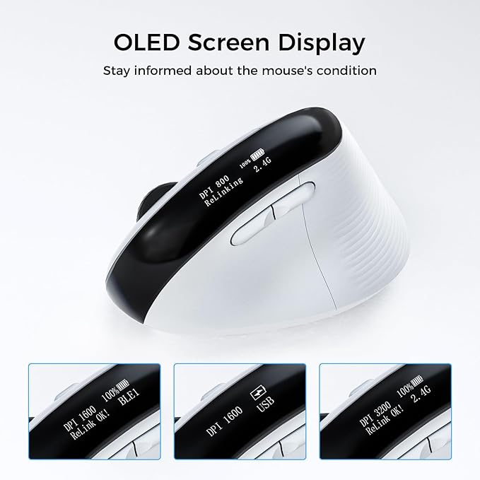 Wireless Ergonomic Mouse, Vertical Ergo Mouse with OLED Screen, Quiet Click, Rechargeable, Wired/Bluetooth/2.4GHz, 5 Adijustable DPI 800-6400 for Laptop, PC, Desktop, Computer, White