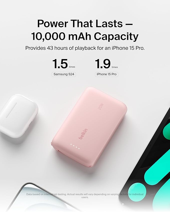 Belkin Portable Charger, Power Bank with Integrated Cable 10000 mAh 20W - Fast Charge USB C Power Delivery, iPhone Charger - iPhone 17, Air, Pro, Pro Max, iPad, Galaxy S25, & More - Pink