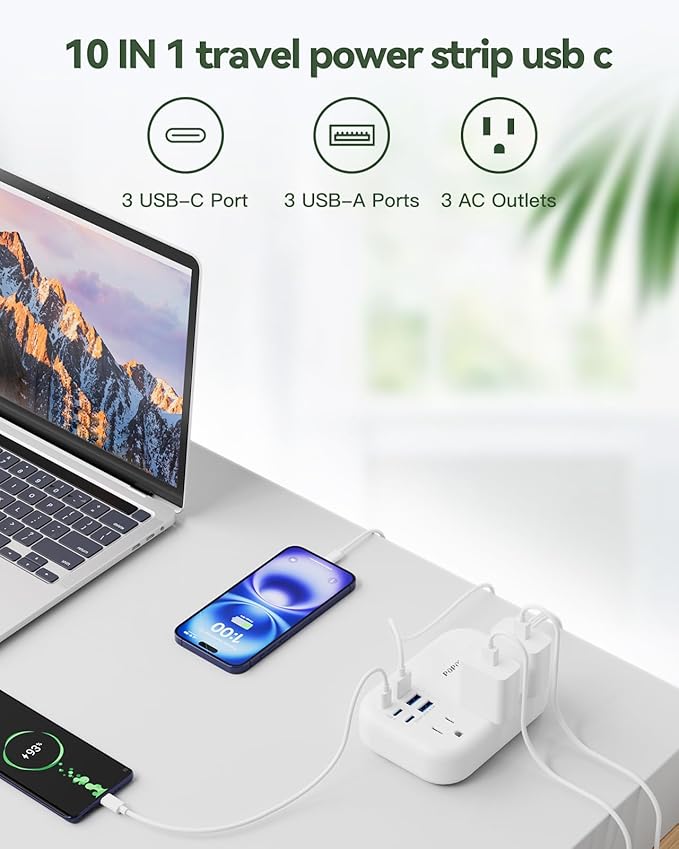 6 USB Power Strip- Travel Power Strip with 3 Outlets and 6 USB(3 USB C) 24W/4.8A Charging Ports for iPhone 15, 3 FT Small Extension Cord, Slim Flat Plug for Cruise Ship Essential, Office Dorm, White.