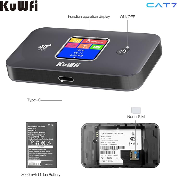 KuWFi 4G+ CAT7 Unlocked 4G LTE Mobile WiFi Hotspot, 300Mbps High-Speed Travel Router with SIM Card Slot for RV/Camping/Trips, Works with T-Mobile AT&T