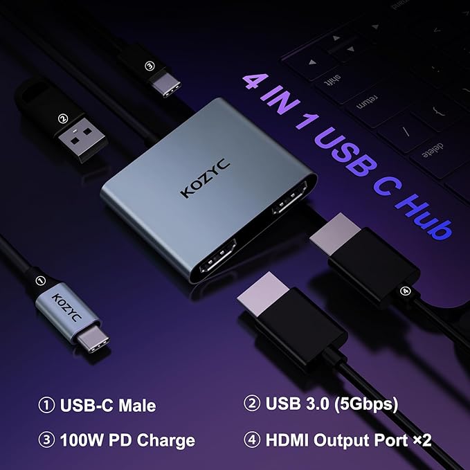 USB C to Dual HDMI Adapter 4K@30Hz, KOZYC USB C Hub Multiport Adapter with 2xHDMI, USB 3.0, 100W PD, Support USB C to HDMI Splitter Extended Display for MacBook Pro (MST is not Supported on MacOS)