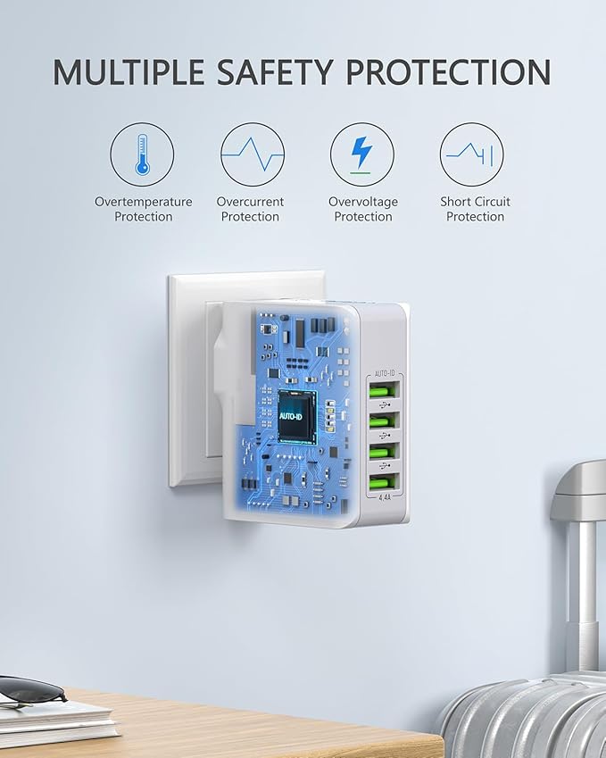 LENCENT Multiple USB Wall Charger, [22W/4.4A] 4 Port USB Travel Power Adapter, All in One Worldwide Cell Phone Charger With UK US EU European Australia, International Block Cube Plug for iPhone & IPad